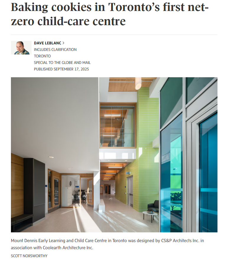 Coolearth Featured in The Globe and Mail: Mount Dennis Child-Care Centre