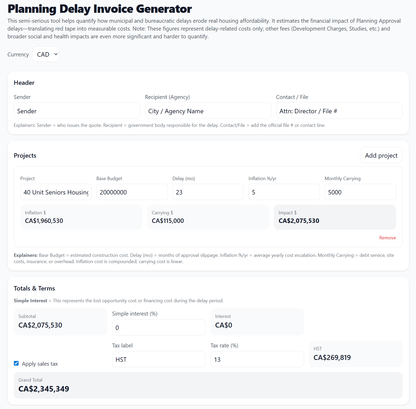 Planning Delay Invoice Generator